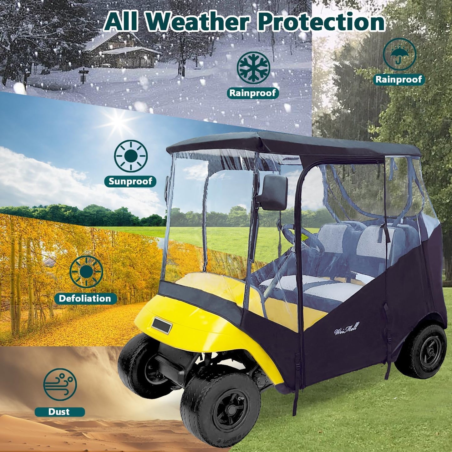 Golf Cart Enclosure Fit for EZGO TXT EZGO RXV 2 Passenger 2-Person Seaters Waterproof Transparent Driving Rain Enclosure Cover 4-Sided Clear Window Roll-up Zipper Door Black