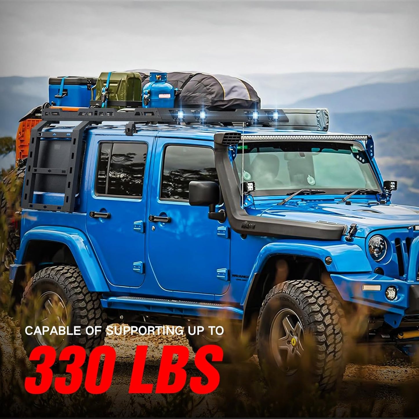 for JK JKU Roof Rack Hard Top Cargo Basket with Ladder & 4 LED Lights Compatible with 2007-2018 Jeep Wrangler JK JKU Unlimited 4 Doors Hardtop, Rooftop Rack Carrier Luggage Storage Holder