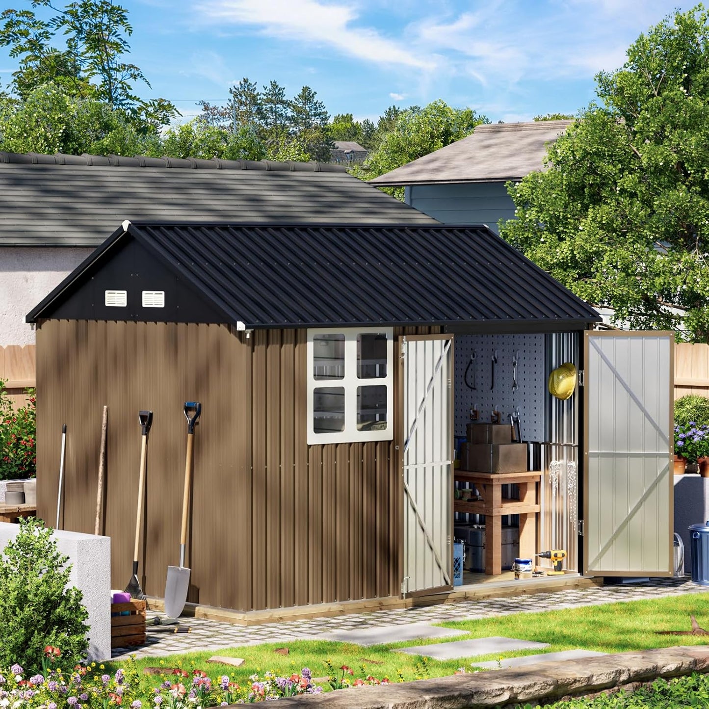 10X8FT Outdoor Steel Storage Shed with Lockable Doors, One Big Window,Ideal for Garden, Backyard, Patio Storage,Brown
