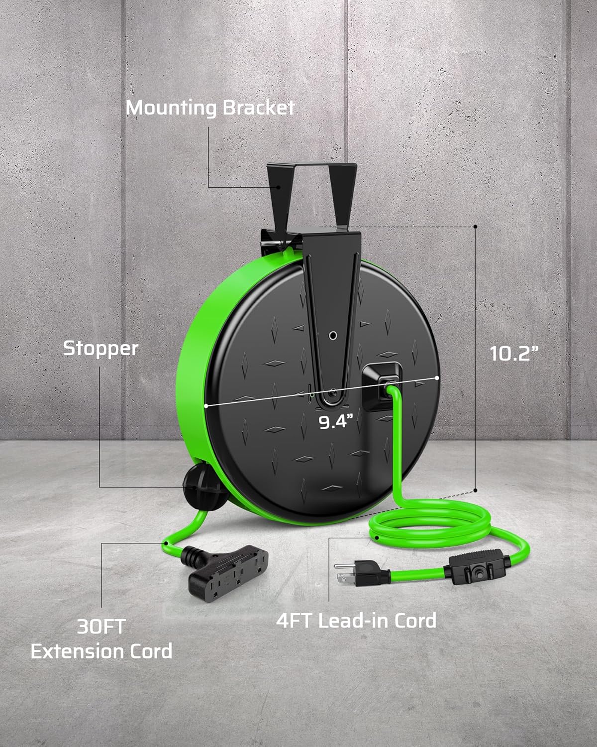 DEWENWILS 30FT Extension Cord Reel, 16/3 Gauge SJTW Power Cord, Retractable Cord Reel with 3 Outlets, Ceiling/Wall Mount for Garage, Workshop, 10A Circuit Breaker, Metal Plate, UL Listed, Green