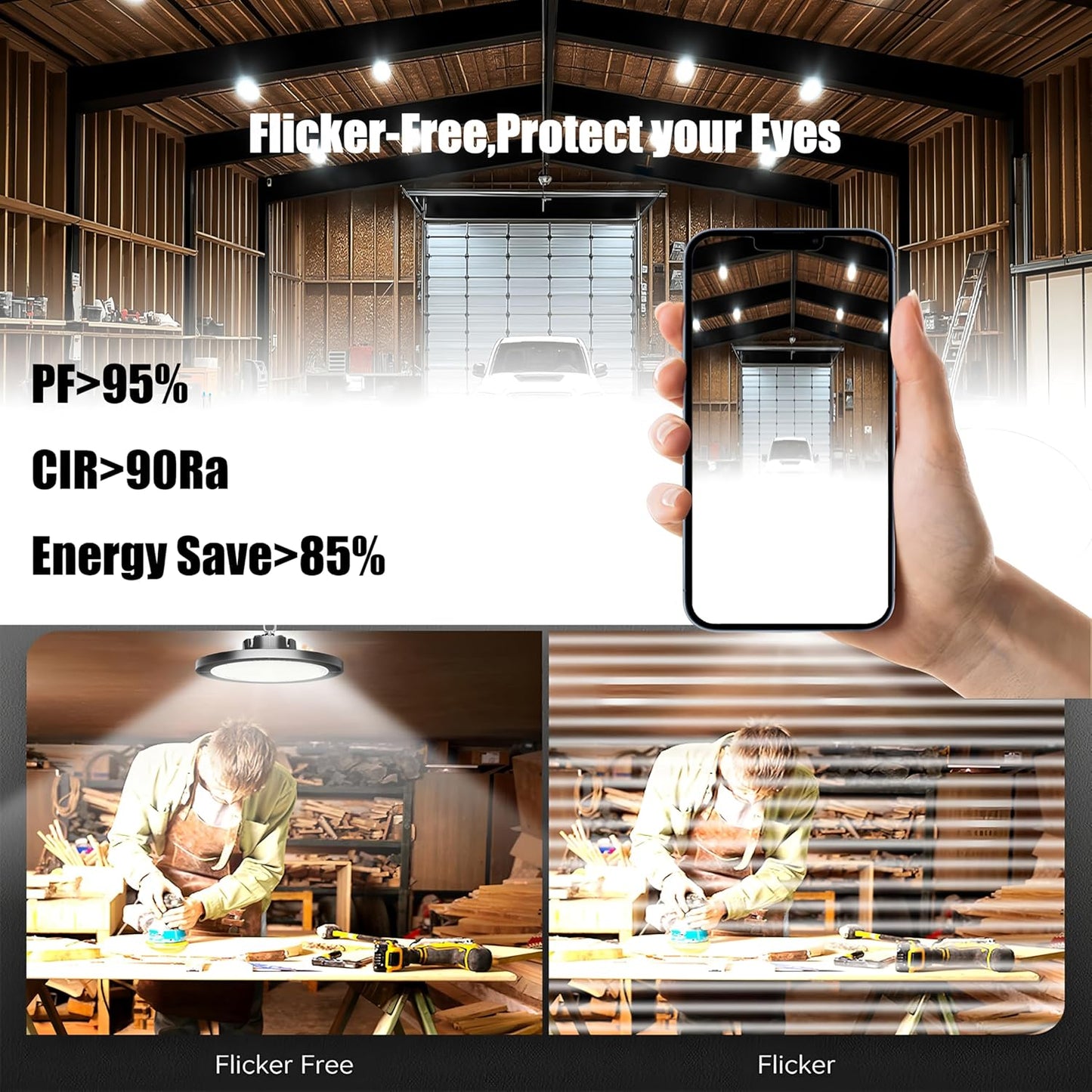 6Pack 250W UFO LED High Bay Light,30000lm 6000K Daylight 2500W Equivalent with US Plug Cable LED Garage Lights Commercial Warehouse Area Light Workshop Garage Factory Lowbay Area Lighting