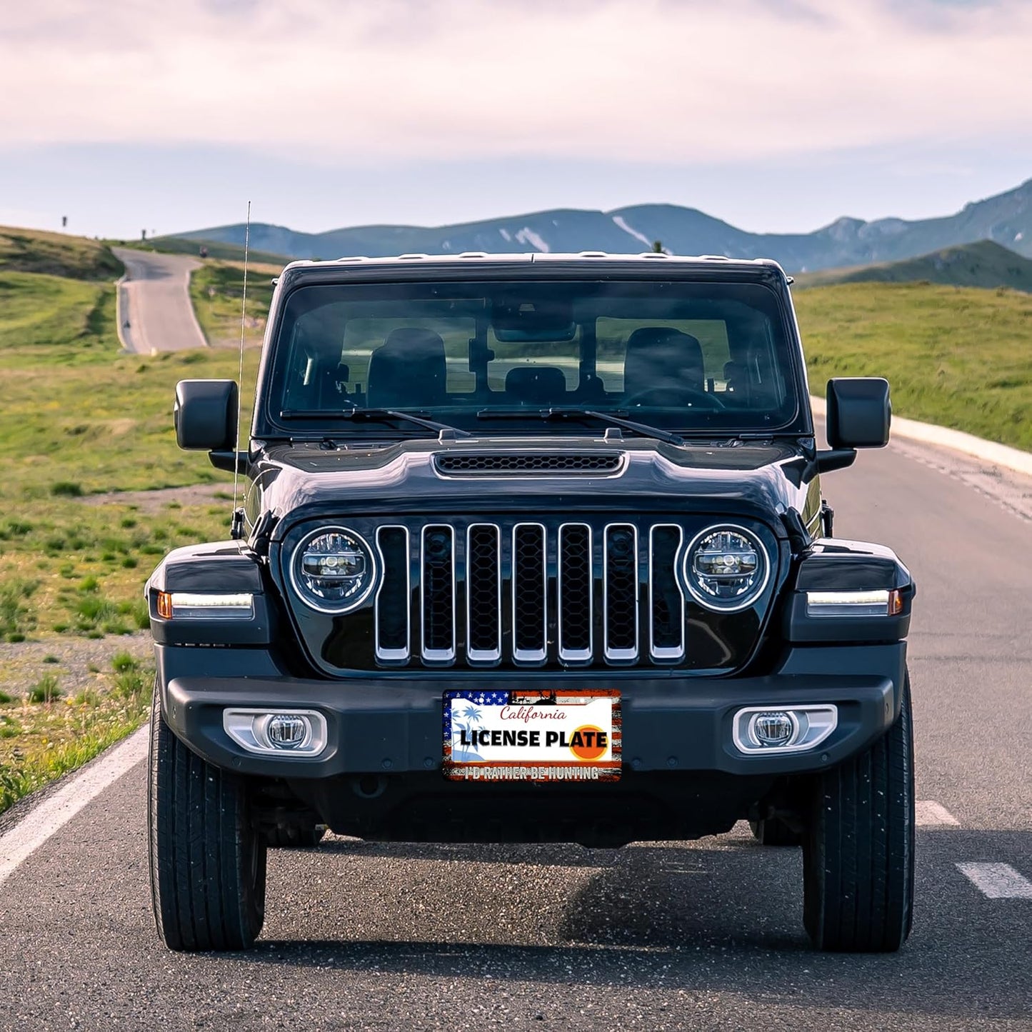 I'd Rather Be Hunting License Plate Frame Retro American Flag License Plate Holder for Front or Rear Car Tags Durable Stainless Steel Car Funny Decoration with Screws 6.3 X 12.2 Inch for Men Women