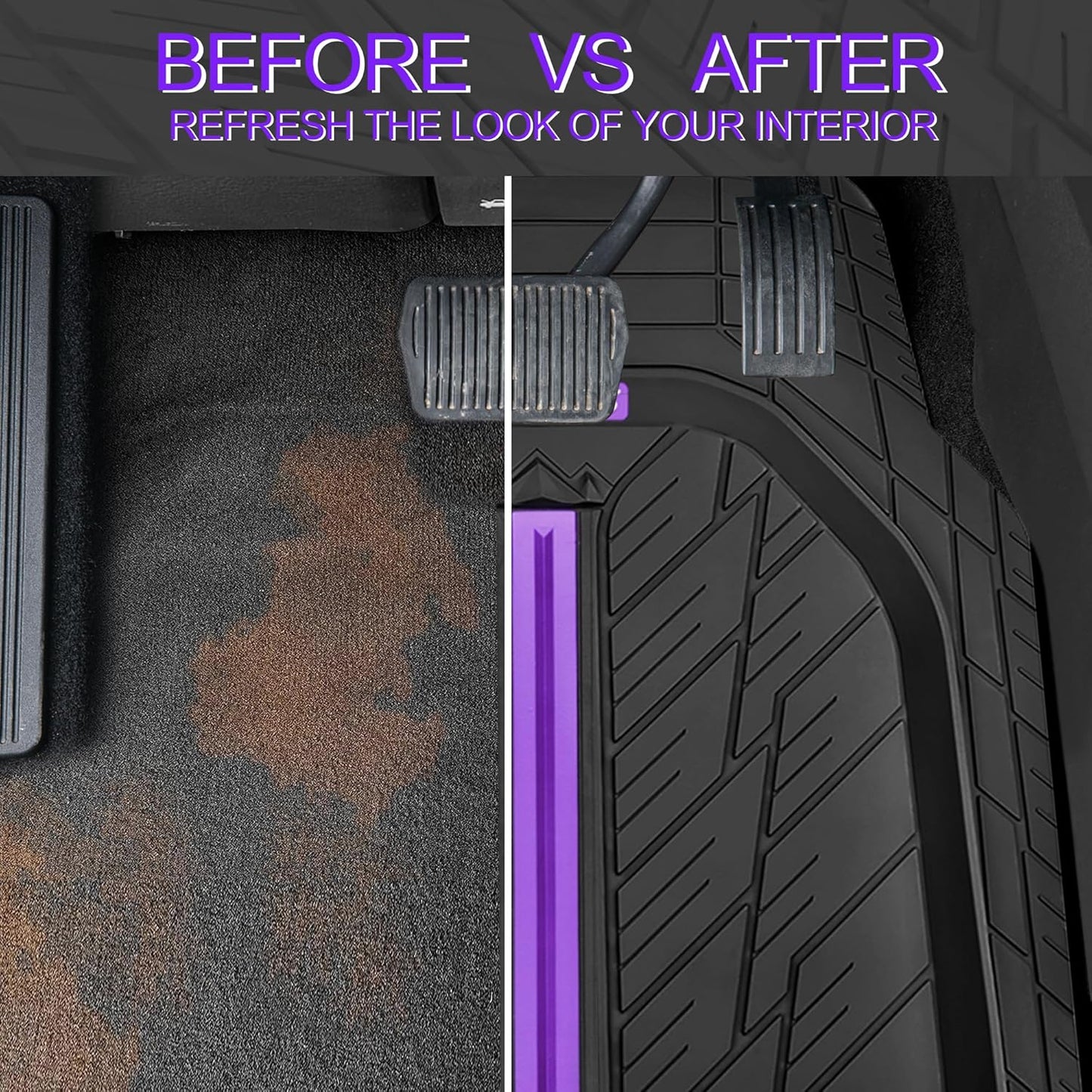 CAR PASS Tire Tread DeepDish Rubber Floor Mats for car Heavy Duty car mats All Weather, Universal XL~M Trim to Fit for Truck SUV Vehicle Automotive, Waterproof car mats 3 Piece (Purple Black)