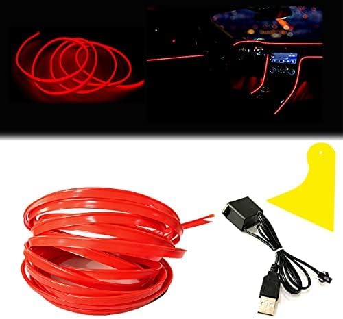 El Wire Red Interior Car LED Strip Lights, 3M Neon Wire USB 5V with Fuse Protection for Automotive Interior Decoration, with 6mm Sewing Edge