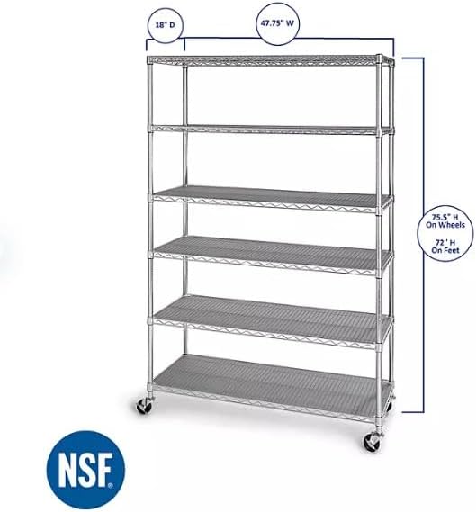 Generic Organize in Style with The Members Mark 6-Tier NSF Heavy Duty Wire Shelving, 47.75"" W x 18"" D x 75.5"" H (Plated, 1 PACK)