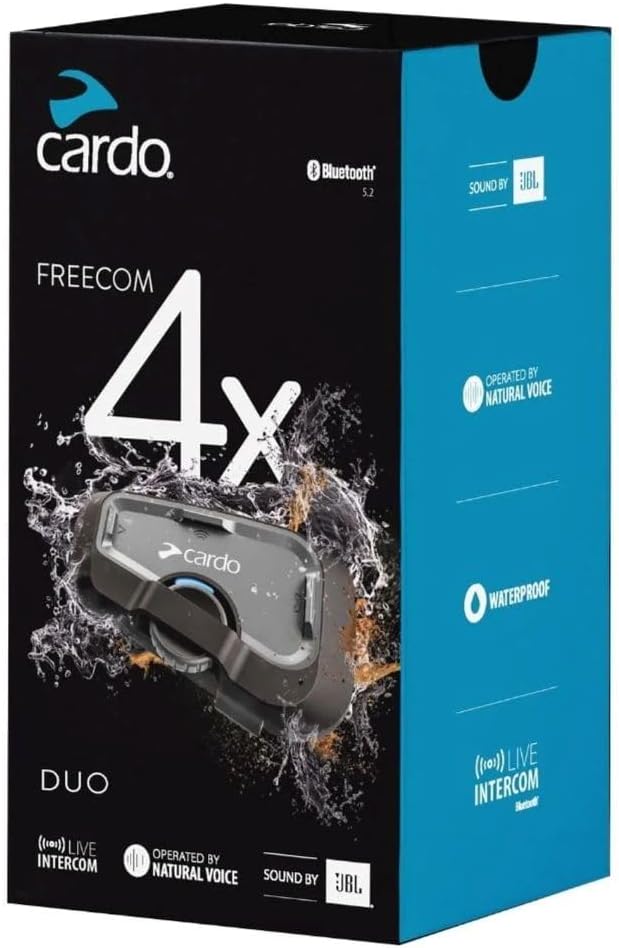Cardo Systems FREECOM 4X Motorcycle 4-Way Helmet Bluetooth Communication System Headset Intercom, Universal Bluetooth Connectivity, Waterproof, 40mm Speakers - Dual Pack