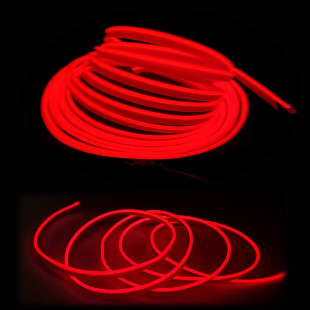 El Wire Red Interior Car LED Strip Lights, 10M Neon Wire USB 5V with Fuse Protection for Automotive Interior Decoration, with 6mm Sewing Edge