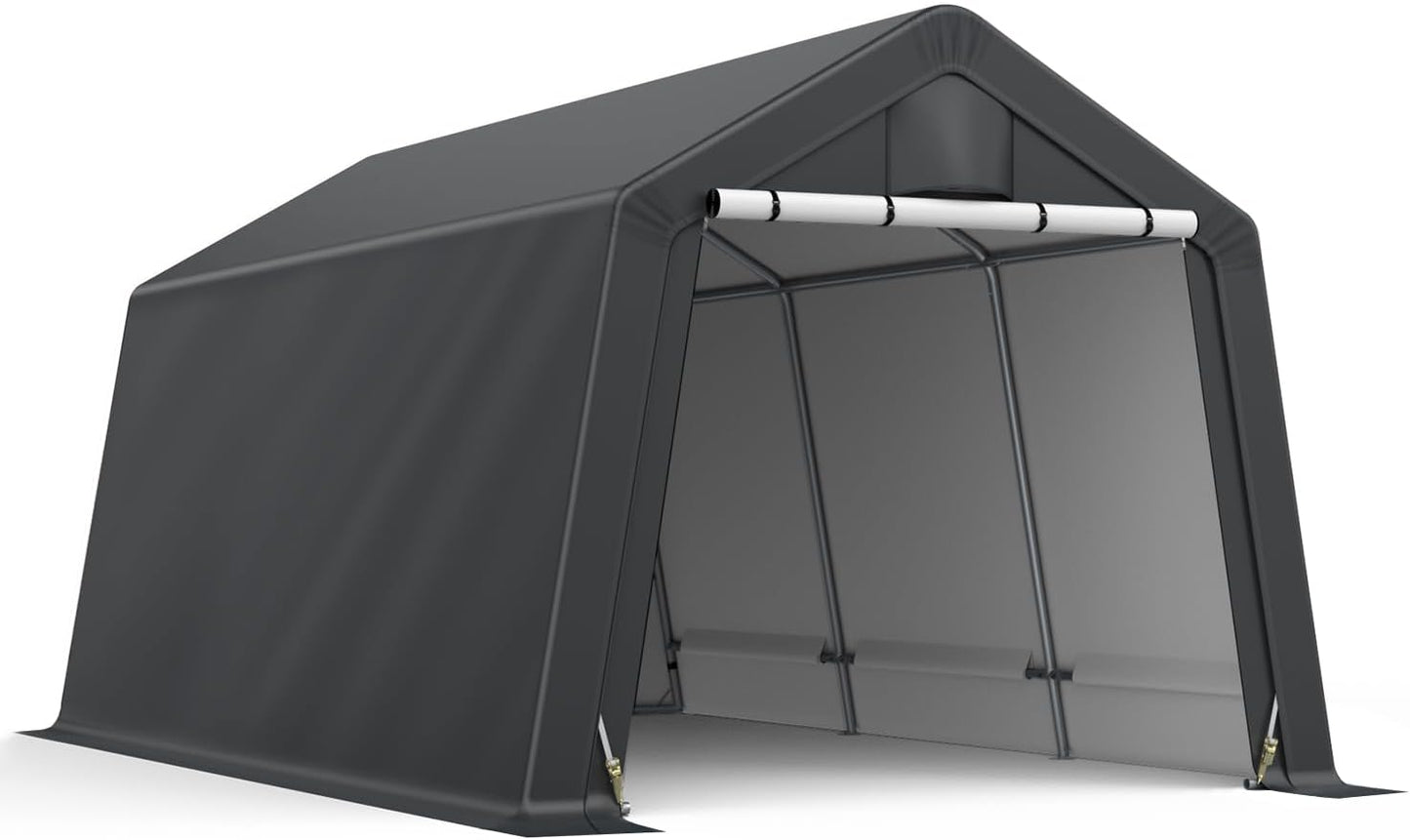 10x15FT Outdoor Storage Shelter Carport,Thickened Double-layer Heavy Duty Storage Shed Carport with Roll-up Zipper for Bike, Motorcycle, Garden Storage, Dual-color PE Waterproof and UV Resistant, Gray