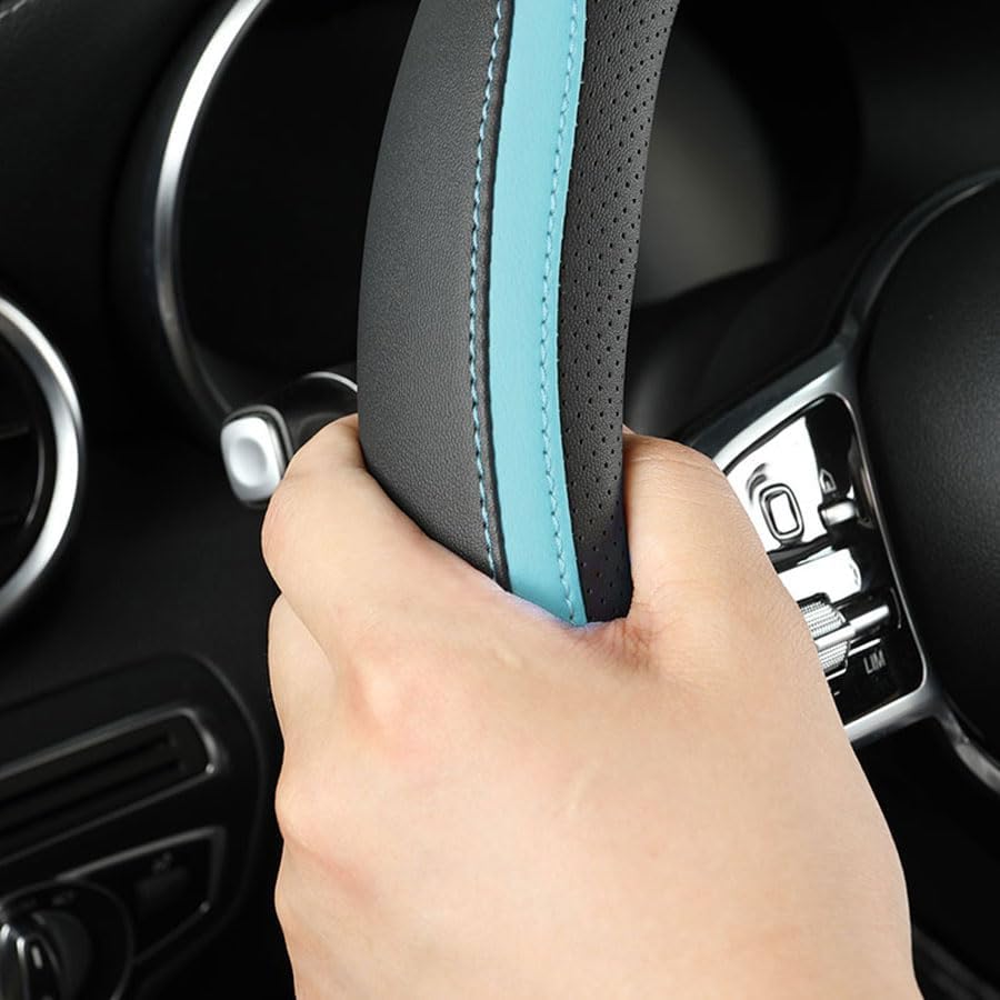 Car Steering Wheel Cover, Leather Steering Wheel Cover Blue Universal 14.5-15 Inch Microfiber Leather Anti-Slip Breathable Auto Steering Wheel Covers for Men Women (Black&Blue)