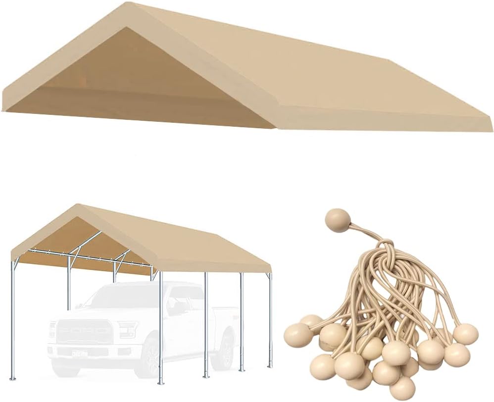 10'x20' Upgraded Carport Replacement Top Canopy Cover for Car Garage Shelter Tent Party Tent with Ball Bungees Beige (Only Top Cover, Frame is not Included)