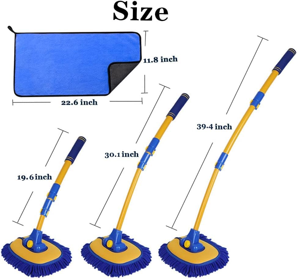 Car Wash Brush with Long Handle, Microfiber Towels Car Wash Kit Cleaning Supplies, Car Wash Mop Mitt with 2 Replacement Head , Extension Pole Car Brush Cleaning Kit for Cars Trucks(Blue)