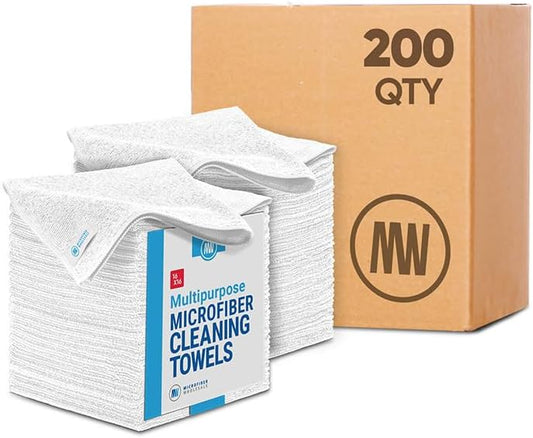 Bulk 16" x 16" All Purpose Microfiber Towels Wholesale - Case Quantity (200 Count) | Large | No Fraying | High Density Microfiber | Zero Chemical Cleaner | Long-Lasting (White)