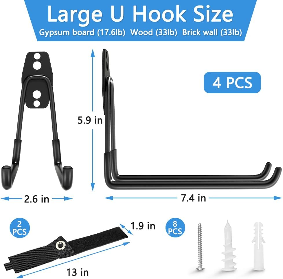 Garage Hooks Heavy Duty Hooks,7.4 inch Wall Mount Hanger Rack Garage Wall Heavy Duty Storage Hangers Wall Mount Organizer to Hang Chairs, Strollers,Power Tools, Garden Tools,Tire and More (4 pack)