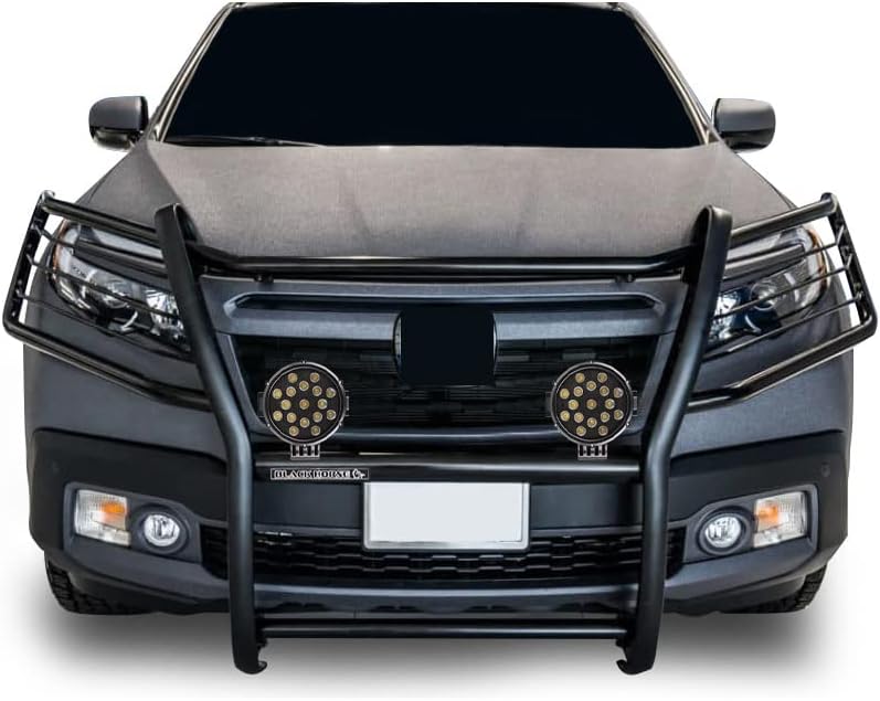 Black Horse Grille brush Bumper Guard Modular Come With pair of 7.0"Dia.LED Lights with Black Trim Rings Compatible with 2016-2019 Honda Ridgeline-17H01MA-PLB