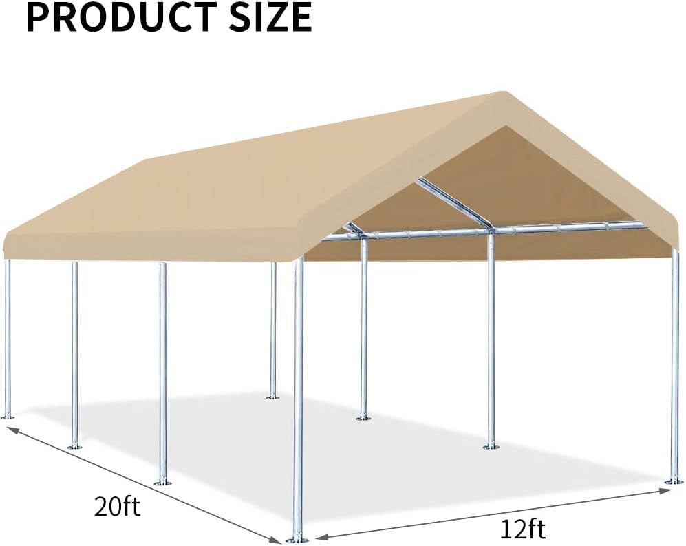 12'x20' Upgraded Carport Replacement Top Canopy Cover for Car Garage Shelter Tent Party Tent with Ball Bungees Beige (Only Top Cover, Frame is not Included)