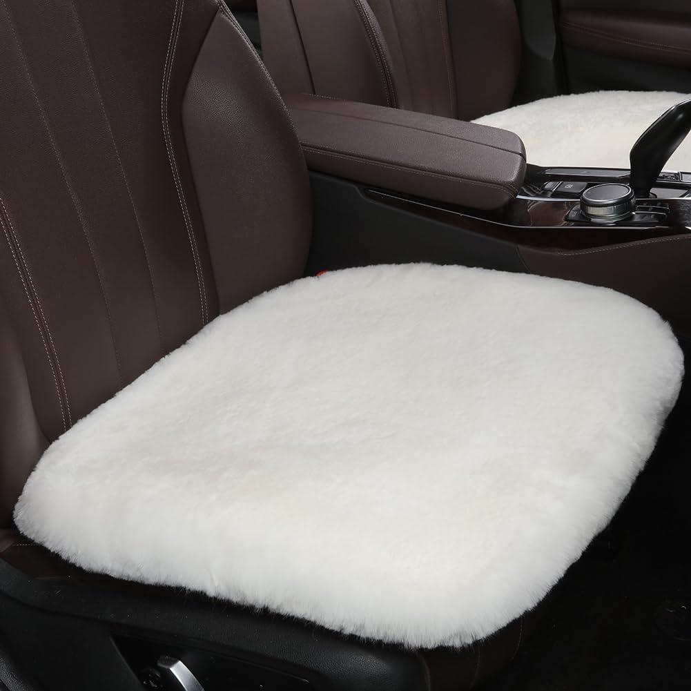 Fluffy Genuine Australia Sheepskin Car Seat Cover for Auto Interior Accessories with Soft Fuzzy Wool Eco-Friendly Natural Fur Non-Slip (White, Front 20 * 20inchs)