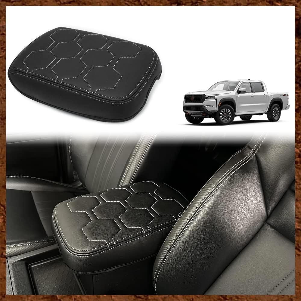 Muslogy for Frontier Center Console Pad Armrest Box Cover Vegan Leather Soft Accessories Armrest Lid Protector Compatible with Nissan Frontier 2022-2024 2025 (Regular Thick, V1 White Stitching)