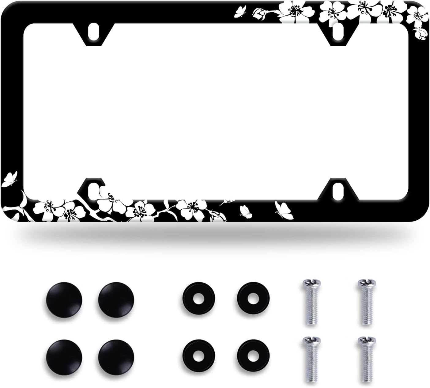Black White Cherry Blossoms License Plate Frame Floral Flowers License Plate Stainless Steel Parts Colorful License Plate Decorative with Screws Size 12.3" x 6.3" Men Women