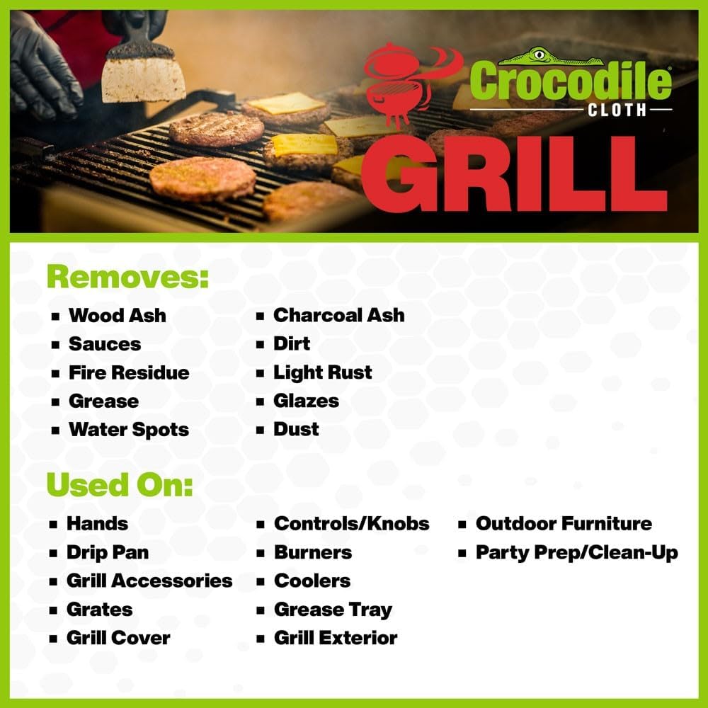 Crocodile Cloth Grill - 8 pack. 640 (15" x 10") Plant-based Cleaning Wipes. Safe on Skin & Multiple Surfaces. Infused with Aloe & Vitamin E. Large, Pre-Moistened & Absorbent.