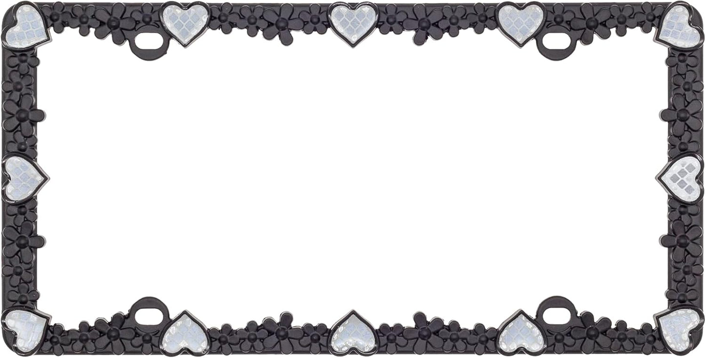 Creathome 3D Daisy Heart License Plate Frame from Pure Zinc Alloy Metal Perfect Plate Holder, Matt Black Daisy with Silver Reflective Heart