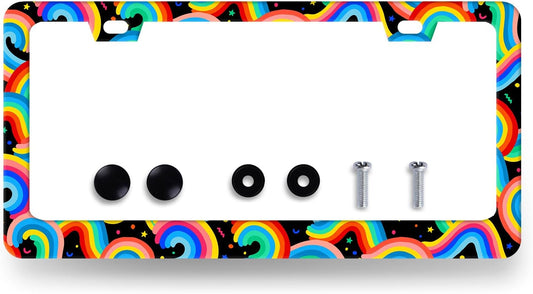 Boho Rainbow License Plate Frame Colorful License Plate Holder Stainless Steel Funny Colorful Car Accessories Decoration 6.3" X 12.3" with 2 Holes Screws