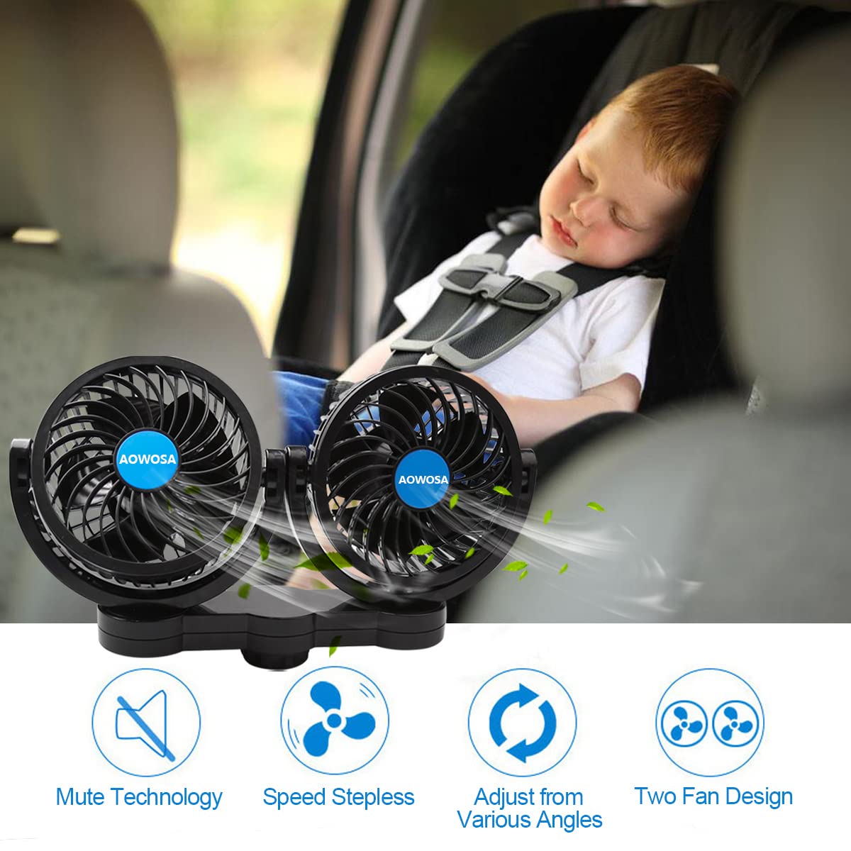 Car Fan for Backseat Auto 12V Electric Cooling Fan Portable Car Seat Headrest for Sedan SUV RV Boat, with 360° Rotatable Dual Head, Stepless Speed Regulation, Cigarette Lighter Plug