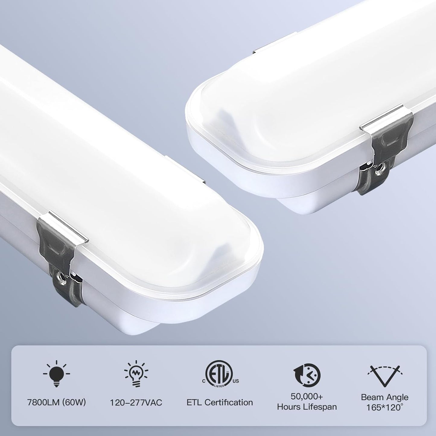 JTT LED Vapor Tight Light 60W/50W/40W 7800lm (180W Eq.), Waterproof LED Outdoor Shop Light 6000K/5000K/4000K IP65 Vapor Proof Fixture for Parking Garage Car Wash Warehouse ETL Listed