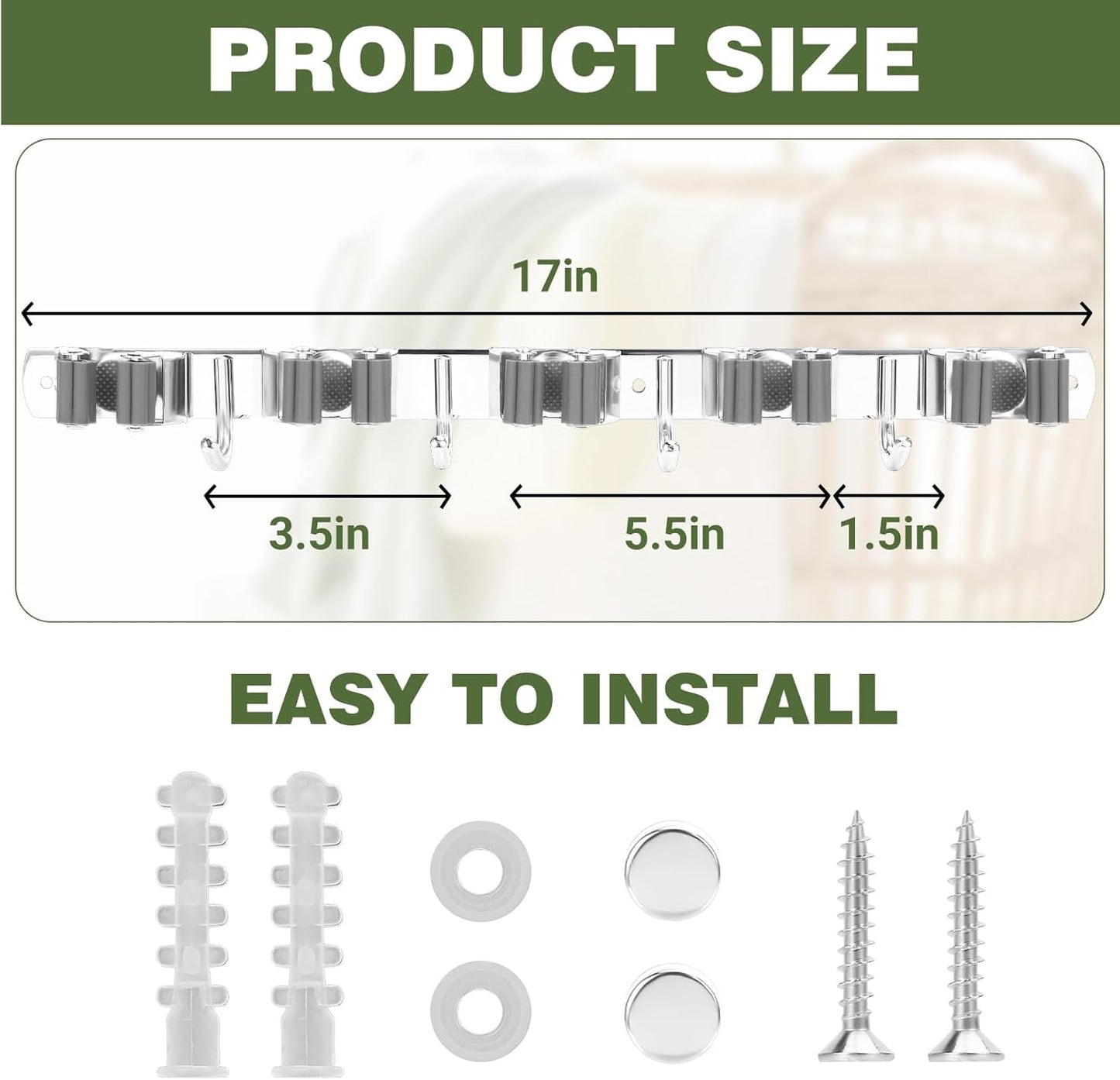 Broom Holder Wall Mount, Broom Organizer Wall Mount Stainless Steel Broom and Mop Hanger Heavy Duty Storage Organization for Home Kitchen Garden Garage Room 5 Racks 4 Hooks (1Pack)(Grey Racks)