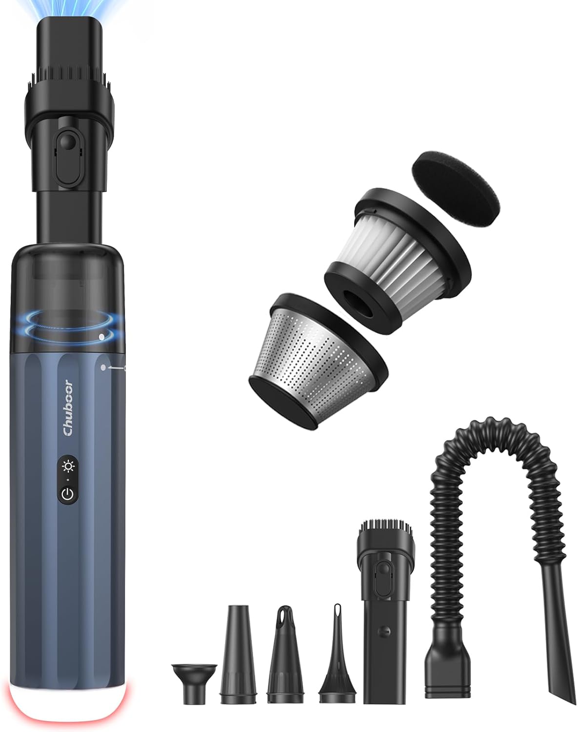 Chuboor Car Vacuum Cleaner High Power Cordless Rechargeable, 16000PA Powerful Handheld Vacuum, Portable Mini Vacuum with LED SOS Light, Small Hand Held Vacuuming Cordless, Dust Busters(P16-Blue)