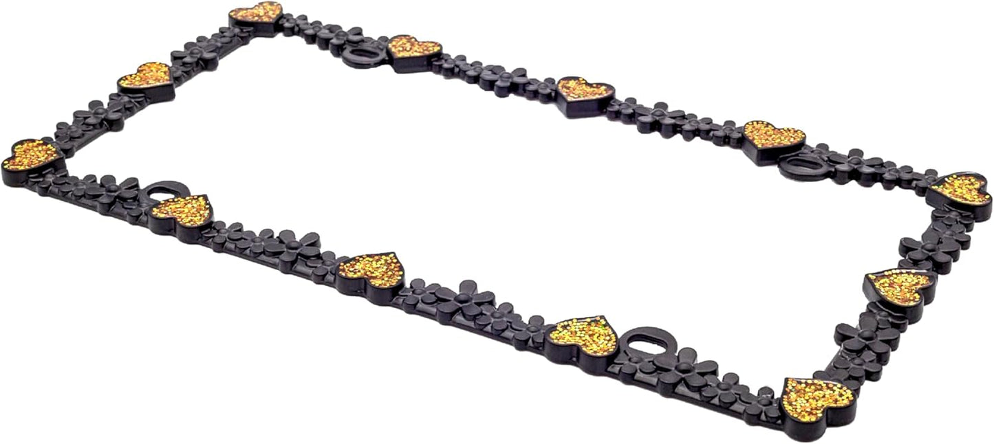 Creathome 3D Shining Daisy Heart License Plate Frame from Pure Zinc Alloy Metal Perfect Plate Holder, Matt Black with Gold Glitter, Luminously Heart