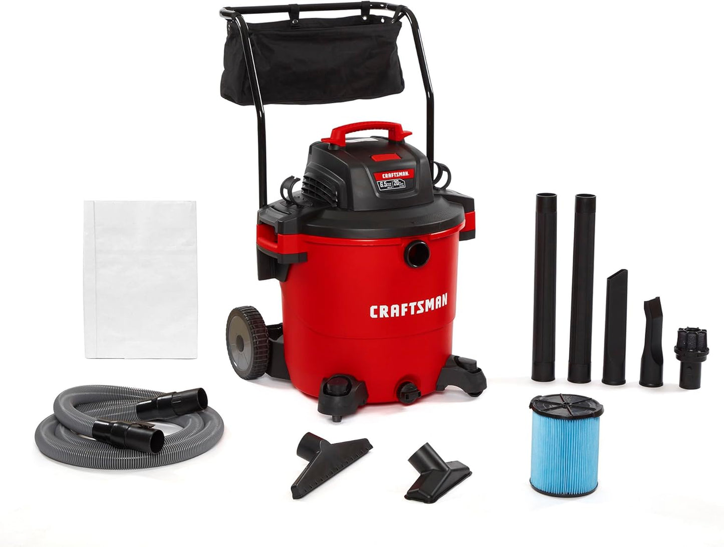 CRAFTSMAN CMXEVBE17656 20 Gallon 6.5 Peak HP Wet Dry Vac with Cart, Heavy-Duty Shop Vacuum Wet and Dry with Fine Dust Filter, Dust Bag, Hose and Attachments for Shop, Garage, Jobsite Cleaning