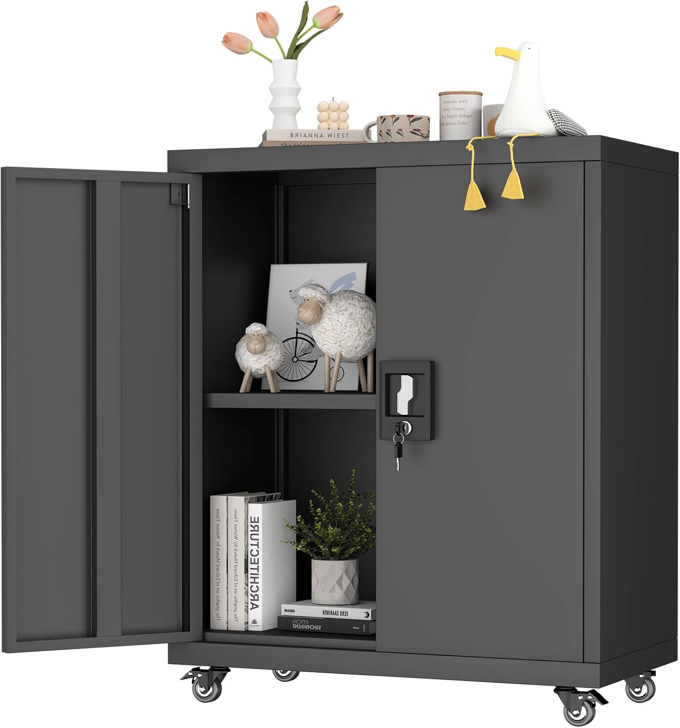 GREATMEET 31.5" H Metal Garage Storage Cabinet with Wheels, Lockable Garage Storage Cabinet with Adjustable Shelves for Home, Office,Kitchen