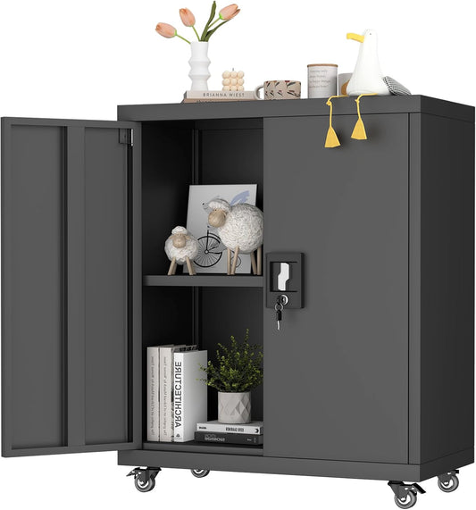 GREATMEET 31.5" H Metal Garage Storage Cabinet with Wheels, Lockable Garage Storage Cabinet with Adjustable Shelves for Home, Office,Kitchen