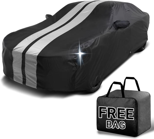 iCarCover Custom Car Cover for Chevy Camaro ZL1 (2017-2024) Waterproof All Weather Rain Snow UV Sun Protector Full Exterior Indoor Outdoor Car Cover (Stripe - Black/Gray)