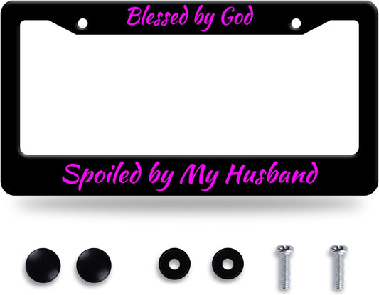Blessed by God Spoiled by My Husband License Plate Frame Funny Texts License Plate Stainless Steel Parts with Screws Size 12.3" x 6.3" for Men Women