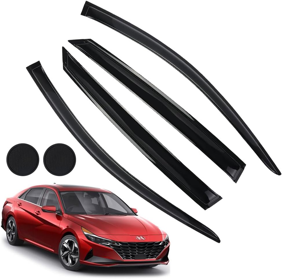 Rain Guards for Hyundai Elantra 2021 2022 2023, Tape-on Side Window Deflectors for Hyundai Elantra, Window Visors for Hyundai Cars,for Hyundai Car Accessories 4 Rain Guards ＆ 2 Car Coasters