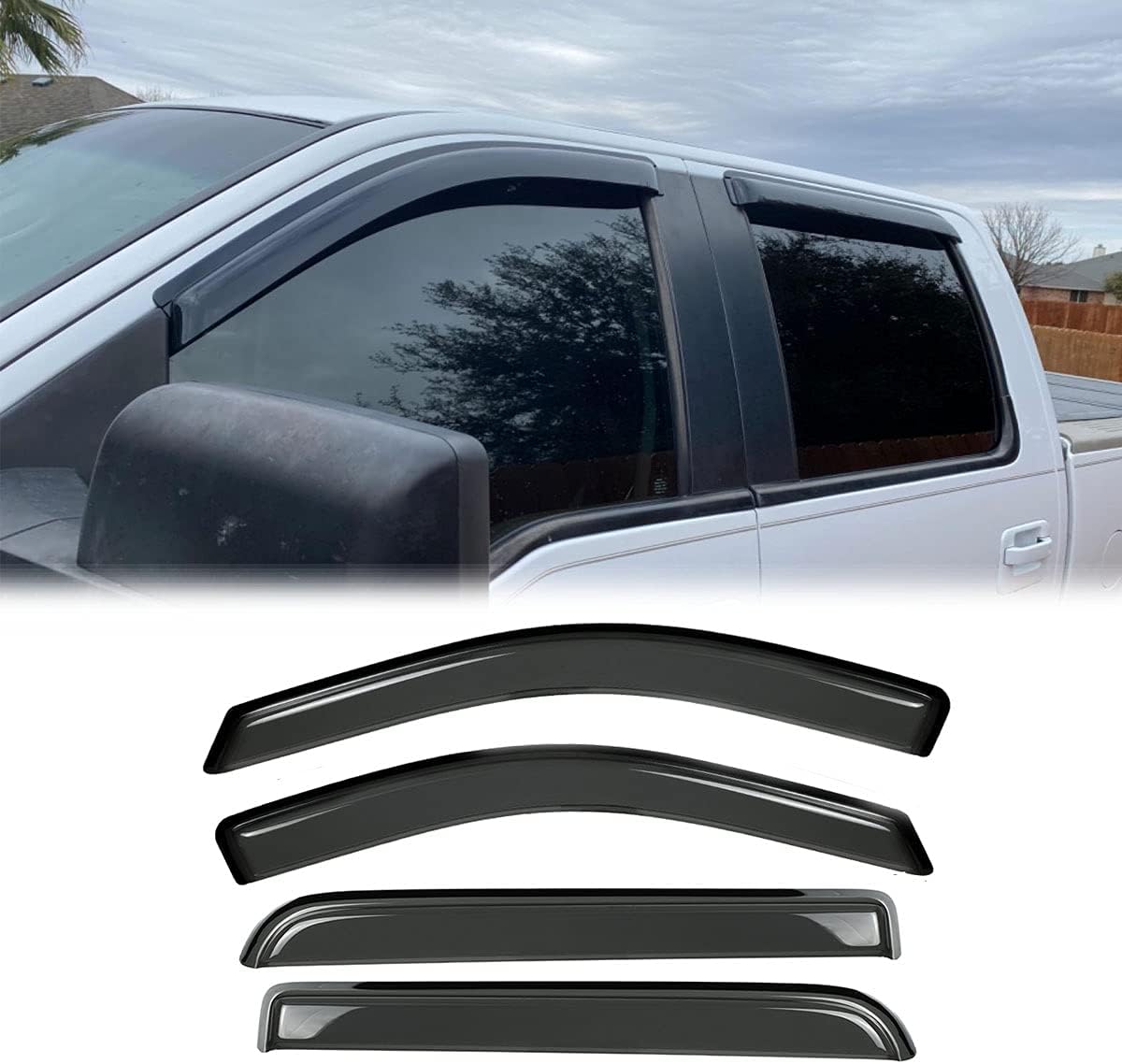 Side Window Visor Wind Deflector, 4pcs Out-Channel Tape-On Nice Rain Guards Set, Window Visor Compatible with Ford F-150 2004-2008 SuperCrew 2006-2008 Lincoln Mark LT SuperCrew Cab 94443