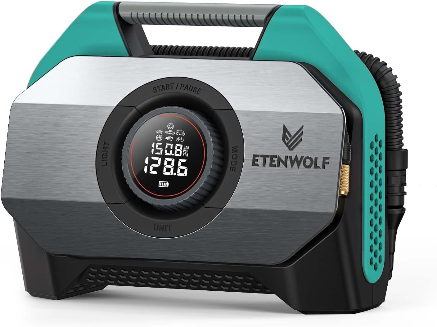 ETENWOLF VORTEX S6 Tire Inflator Portable Air Compressor for Heavy-duty Vehicles, Cordless Air Pump for Car & Inflatables with 19200 mAh Battery, 100% Duty Cycle & Dual Cylinder Bike Pump, Dark Cyan