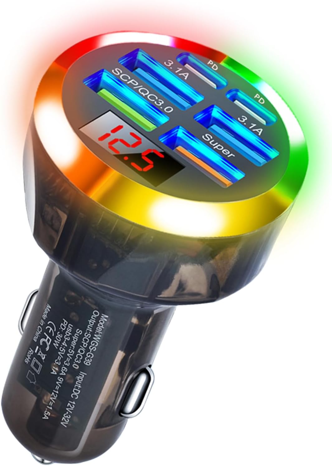 Super Fast Charge USB C Car Phone Charger Adapter 6 in 1 with Voltage Display 250W Multi Port Cigarette Lighter USB Charger with Volt Meter for iPhone 16 15 Pro Max 14 Plus 13 Samsung Android Phone