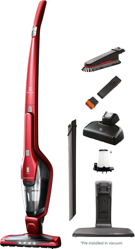 Electrolux Ergorapido Pet Cordless 2-in-1 Vacuum Cleaner with Motorized Pet Nozzle for Easy Pet Hair Removal, 48-Minute Run Time, 2 Power Modes, Chili Red