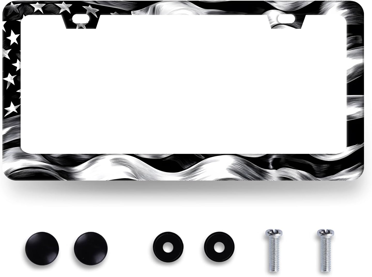 Black White American Flag License Plate Frame Patriotic USA Flag License Plate Stainless Steel Funny Black Accessories Cars Decor 12.2 X 6.2 Inch with 2 Holes and Screws Fits Standard Us Ca Vehicles