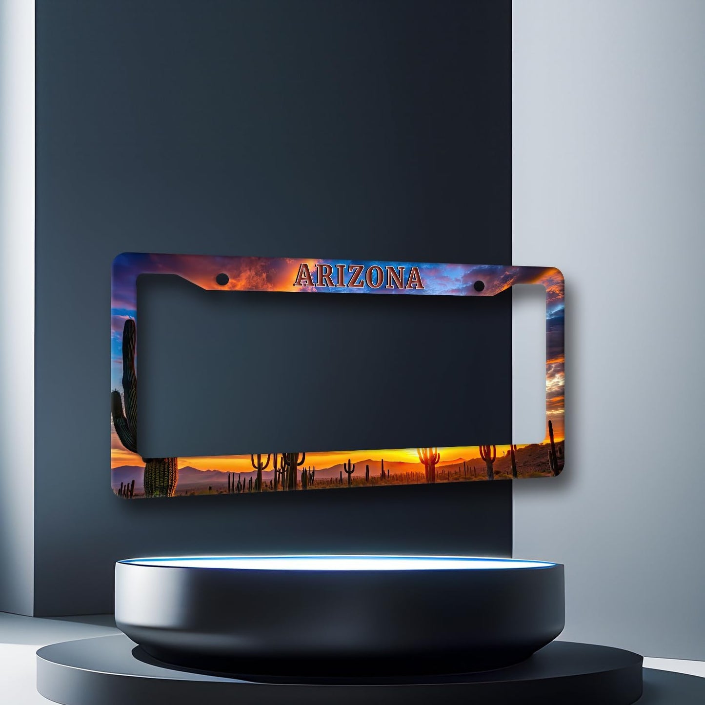 Arizona State Flag License Plate Frame Sunset Desert Cactus License Plate Holder Stainless Steel Funny Design with 2 Holes and Screws 12.3" x 6.3"