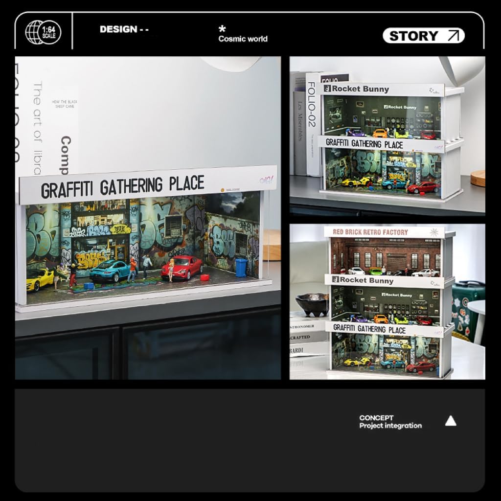 Display Case for Hot Wheels: Stackable Parking Garage for 1/64 Scale Matchbox Toy Car, FoamBoard Storage for Monster Trucks with LED Light and Acrylic Cover, 2025 Upgraded Graffiti Wall