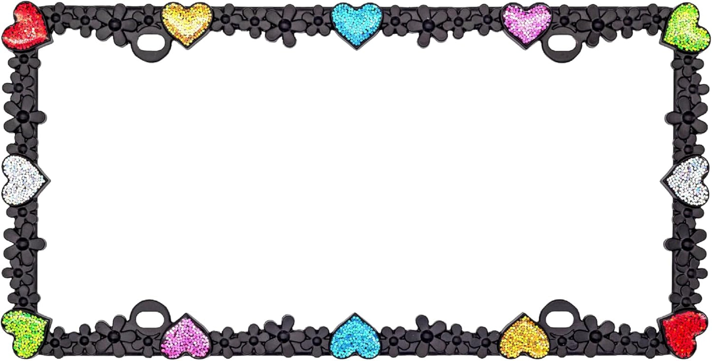 Creathome 3D Shining Daisy Heart License Plate Frame from Pure Zinc Alloy Metal Perfect Plate Holder, Matt Black with Colorful Glitter, Luminously Heart