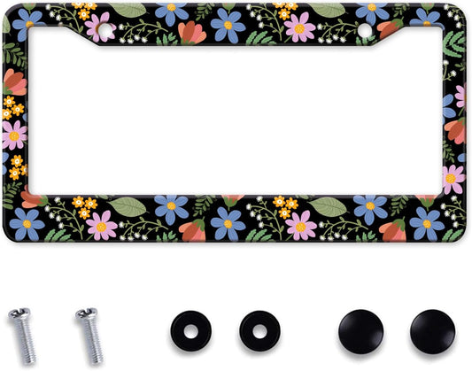 Florals License Plate Frame for Women, Blue Flowers License Tag Frames Holder Covers, Metal Aluminum Rustproof Car Accessories for Us Canada Standard, Girly Car Decorative with 2 Holes and Screw Caps