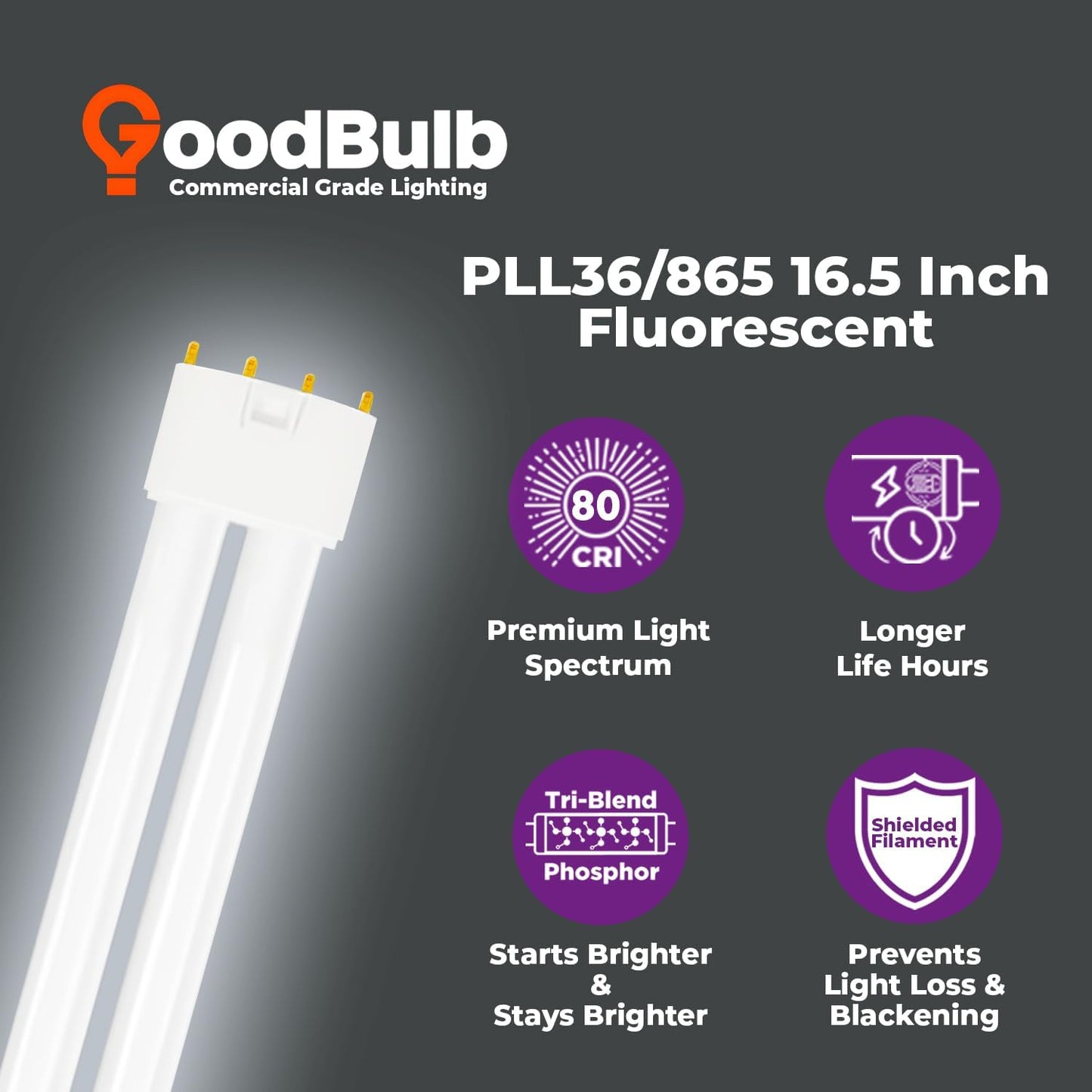 GoodBulb PLL36/865 36W 16.5" Twin Tube Compact Fluorescent Light Bulb 4-pin 2G11 Base 6500K Full Spectrum 2400 Lumen 36000 Hour Long Life Biax Pack of 10