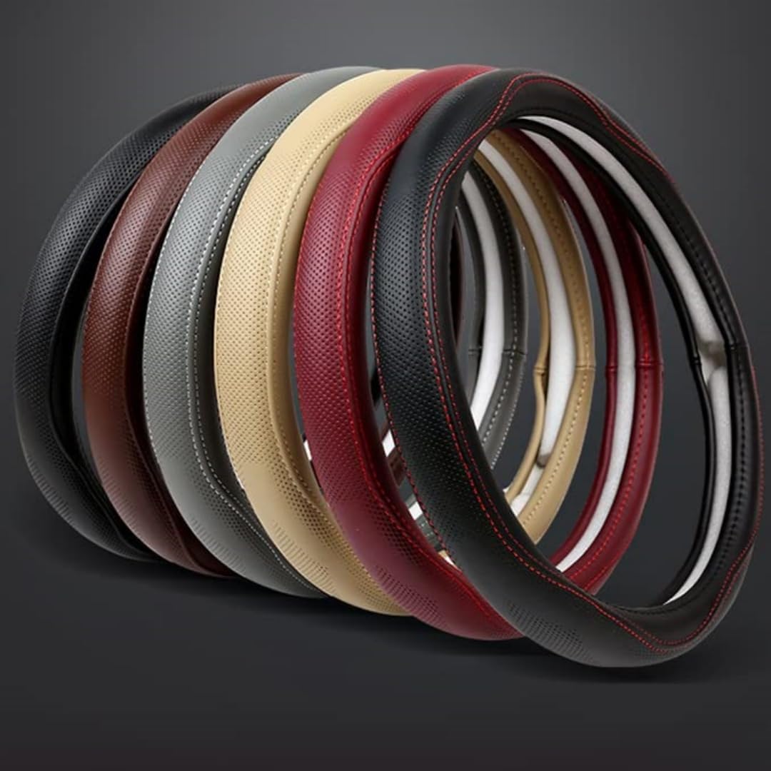 Cowhide Steering Wheel Cover Heat Resistant Anti-Slip Car Wheel Wrap Compatible with Most Makes and Models of Cars and Trucks with 14.5 to 15 Inch Steering Wheel(Gray)