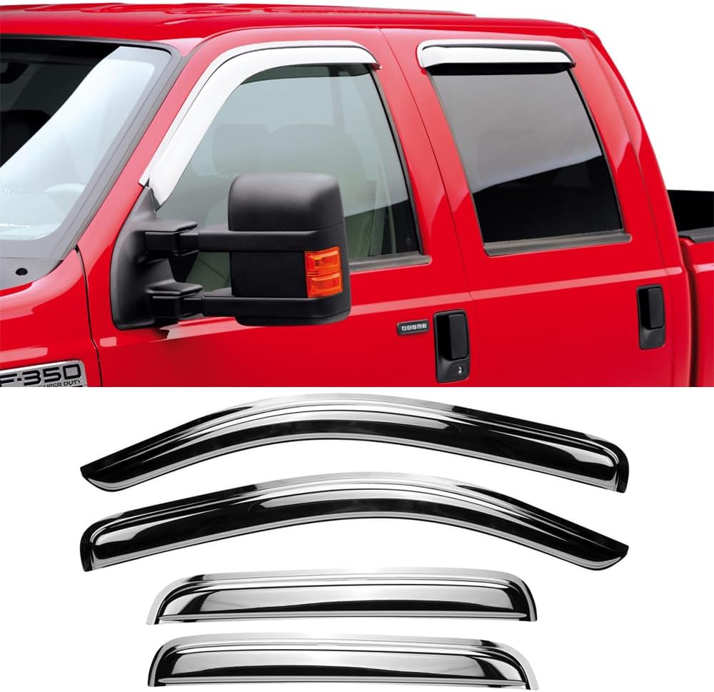Chrome Side Window Visors Wind Vent Deflector for 15-22 Ford F150 Crew cab(Supercrew cab) 17-22 F250/F350 Super Duty Crew cab,4pcs Outside Mount Tape-On Chrome Sun Rain Guards Set 94975Y