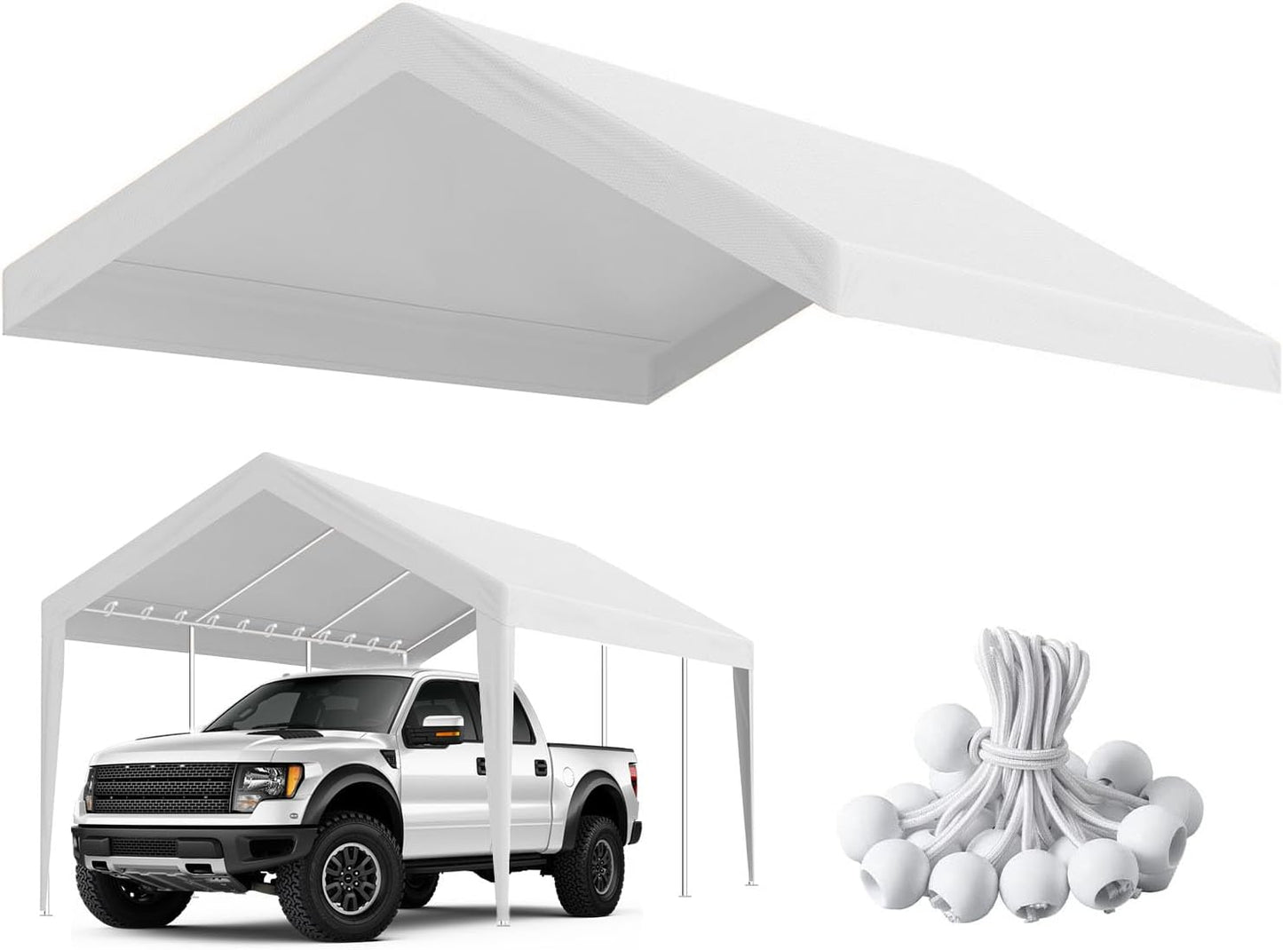 10'x20' Canopy Replacement Cover, Beefull Carport Replacement Canopy for Car Garage, Waterproof & UV Protected Tarp with Ball Bungees, White (Frame is not Included)