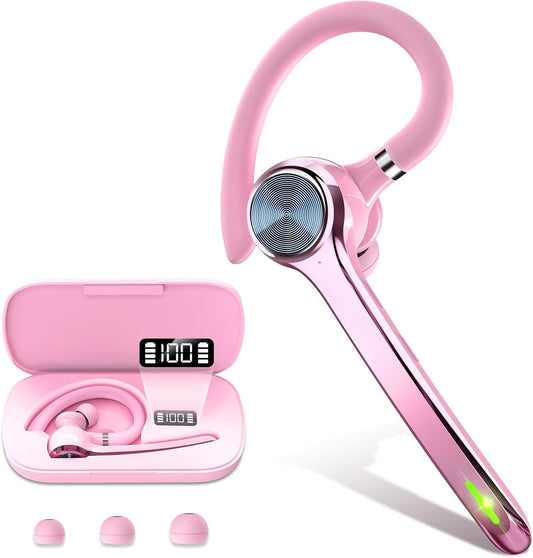 Bluetooth Headset, Wireless Bluetooth Earpiece with 500mAh Charging Case 72 Hours Talking Time Built-in Microphone for iOS Android Cell Phone, V5.1 Hand-Free Headphones for Trucker, Office-Pink